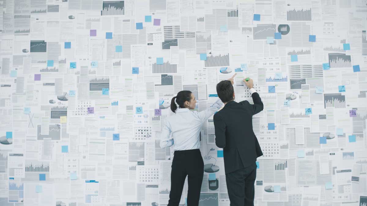 Duas pessoas diante de uma parede com dados alusivos a um plano de contas